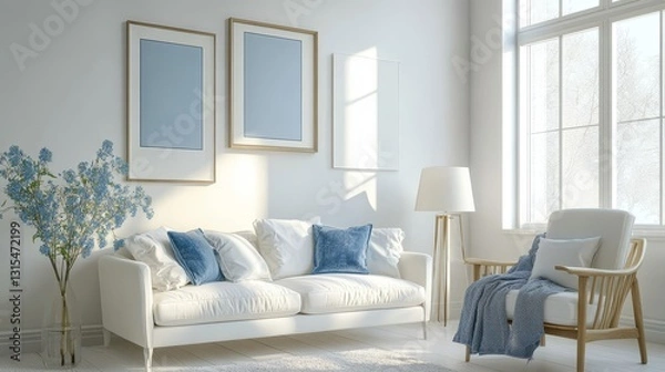 Fototapeta Cozy living room features a white sofa, armchair, and lamp. The walls are adorned with blue posters, creating a serene atmosphere.