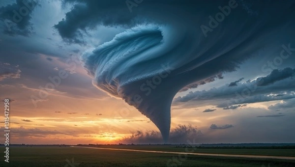 Fototapeta A dramatic tornado spirals down from stormy clouds at sunset over a vast landscape.
