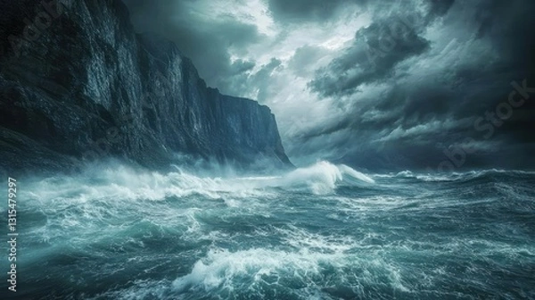 Fototapeta Dramatic stormy ocean waves crashing against dark cliffs.