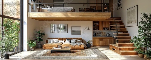 Fototapeta Cozy tiny house interior with luxury loft design showcasing minimalism and light decor creating a warm and inviting space perfect for relaxation and comfort