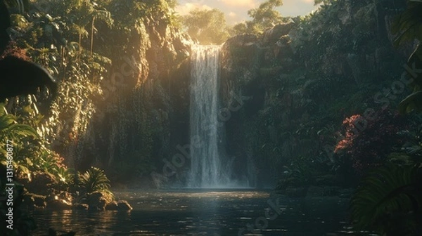 Fototapeta Lush tropical waterfall cascading into a tranquil pool.