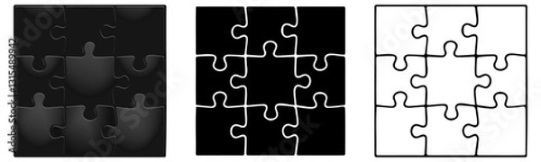 Obraz Jigsaw puzzle white and black color. Puzzle grid 3x3. Game mosaic 9 individual parts.