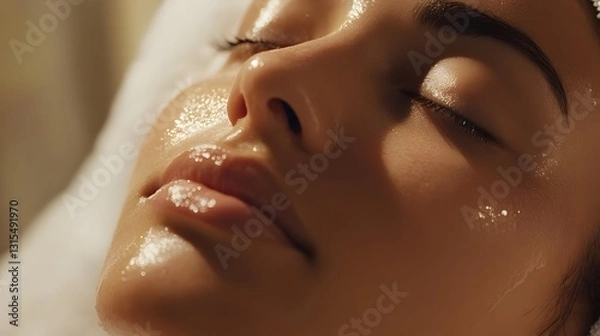 Obraz Realistic close-up of a woman’s face as she receives a facial treatment at a spa, soft & ambient lighting
