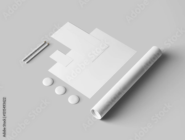 Fototapeta Blank Branding Stationery Set with Paper, Pens, Badges, and Poster Roll – Minimalist Mockup