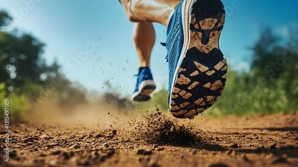 Fototapeta close-up of runner's foot striking dirt path, shoe kicking up dust. blue sky and blurred greenery in background. movement and athleticism conveyed.