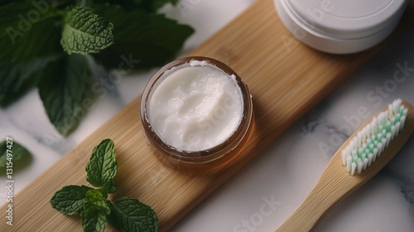 Fototapeta A natural healthcare routine with coconut oil and mint homemade toothpaste, complemented by a sustainable bamboo toothbrush.