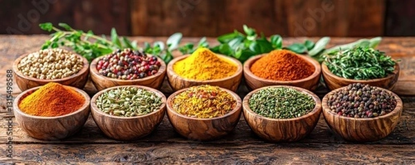 Fototapeta Healthy natural food collection of organic herbs and spices for wellness and alternative medicine with a focus on adaptogens to promote holistic health and vitality
