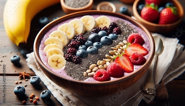 Fototapeta A close-up of a smoothie bowl with chia seeds, bananas, and berries, representing a superfood-rich diet