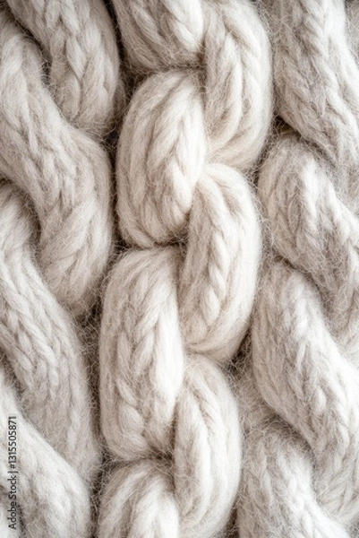 Fototapeta Close-up view of thick, textured white knit fabric showcasing intricate braided patterns, ideal for textile design inspiration