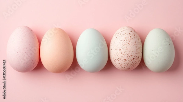 Fototapeta Collection of pastel colored eggs arranged neatly on a light pink background celebrating spring and Easter festivities