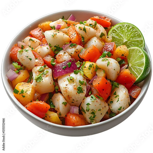 Fototapeta A Caribbean Conch Salad with Diced Peppers and a Bowl of Potato Salad Isolated on Transparent Background
