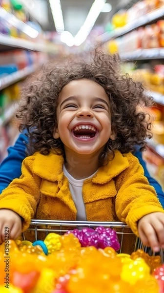 Fototapeta Happy child riding in shopping cart, full of joy