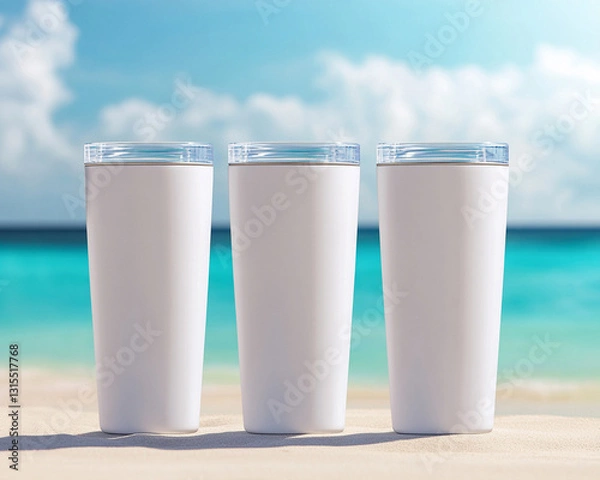 Fototapeta Three 20 oz tumblers in a row on a beach. Ai generated