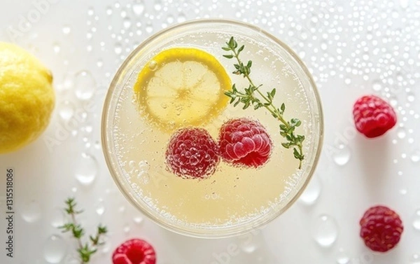 Fototapeta Overhead close-up of a refreshing summer drink. The beverage, a pale yellow, is garnished with lemon, raspberries, and thyme. Water droplets adorn the white background, enhancing the drink's