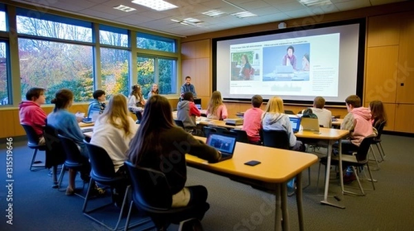 Fototapeta Students attentively watch a presentation in a bright classroom with large windows