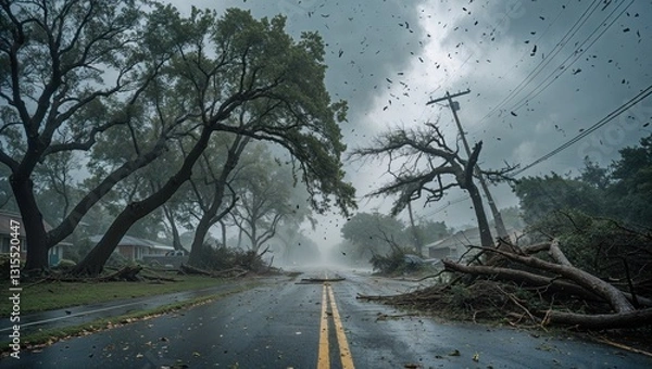 Fototapeta A storm-damaged street with fallen trees and debris, showcasing the aftermath of severe weather.
