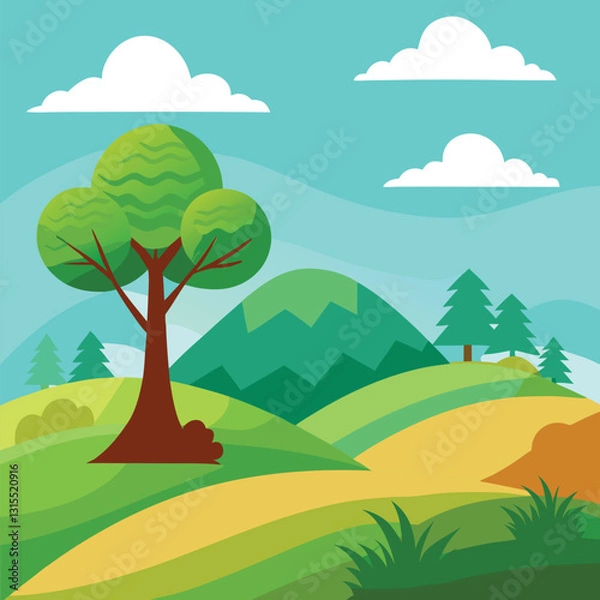 Fototapeta a flat illustration of a hill and a tree