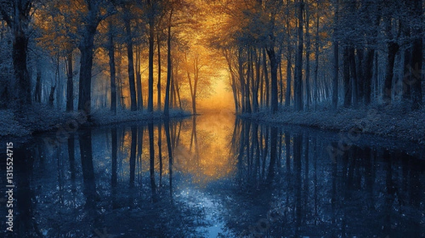 Fototapeta Serene sunset reflection tranquil forest river nature photography autumn environment landscape view calm concept