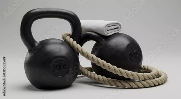Fototapeta Two Kettlebells Placed on a Towel Alongside a Rope, Showcasing Essential Workout Gear for Strength Training Enthusiasts