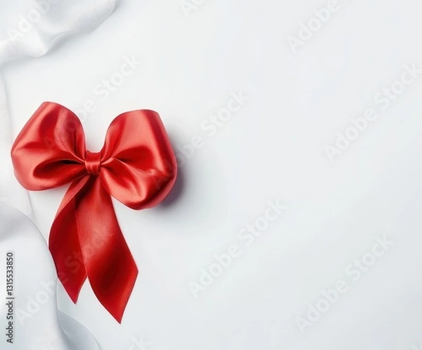 Fototapeta Elegant red satin bow on a soft white surface, perfect for holiday gifts, decorations, or special occasion promotions displaying vibrant color and texture