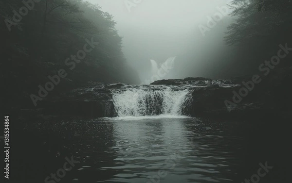 Fototapeta Misty waterfall cascading over dark rocks into a still pool, surrounded by lush green forest.  Cool-toned, moody atmosphere
