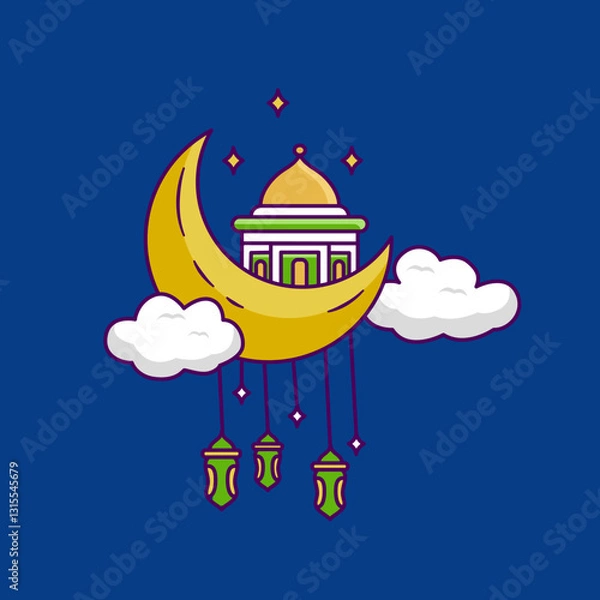 Fototapeta Poster for ramadan kareem celebration with mosque elements, crescent moon, hanging lanterns, stars in night atmosphere. Designed in simple flat cartoon style. Religious concept vector illustration.
