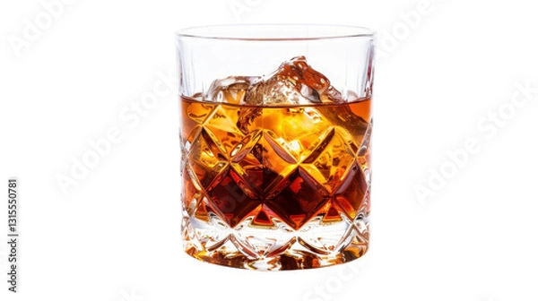 Fototapeta Crystal glass of whiskey with ice cubes on transparent background