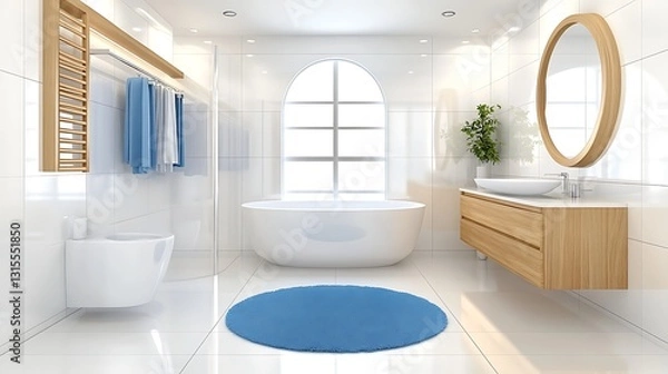 Fototapeta Modern Bathroom Interior Design White Tiles Freestanding Tub Wooden Vanity and Round Mirror