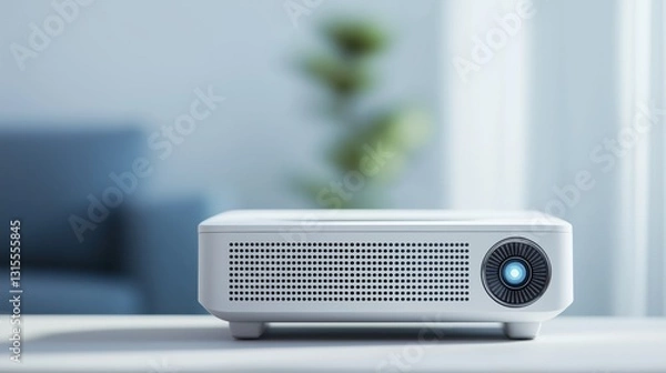 Obraz Compact projector placed on a table in a bright room with soft furnishings and natural light filtering through curtains.