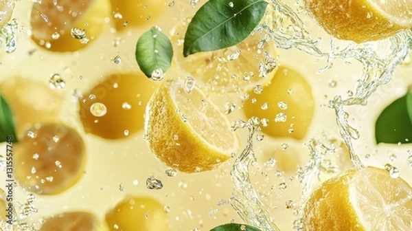 Obraz Fresh lemons and green leaves splashing in water. Vibrant yellow citrus fruit in dynamic motion against a pale yellow background.  Close-up view