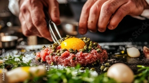Fototapeta Chef meticulously prepares classic steak tartare with fresh ingredients for gourmet dish