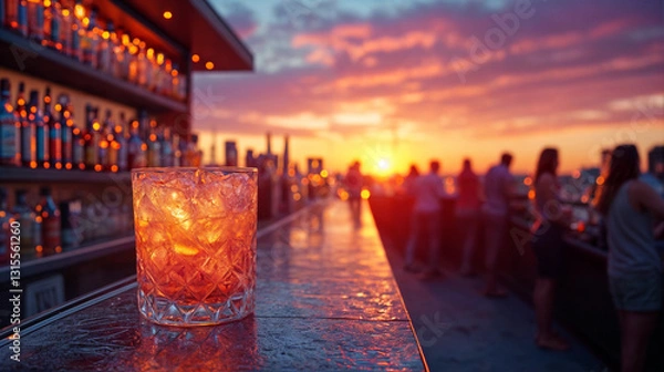 Fototapeta General view of a skybar at sunset with people enjoying the sunset