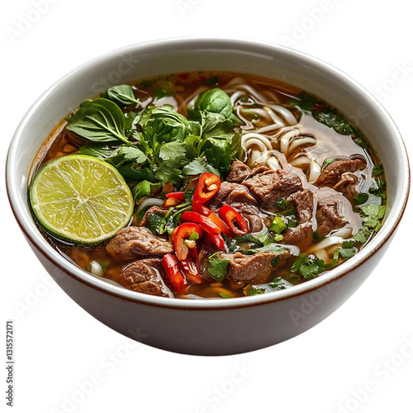 Fototapeta A Bowl of Vietnamese Pho Aromatic Noodle Soup with Beef and Lime Isolated on Transparent Background