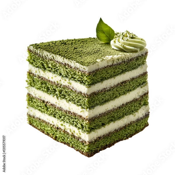 Fototapeta Matcha Layer Cake Piece with Leaf Isolated on Transparent Background