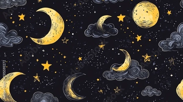 Fototapeta Decorative Night Sky Pattern Featuring Moons, Stars, and Clouds in a Whimsical Design Suitable for Various Creative Projects