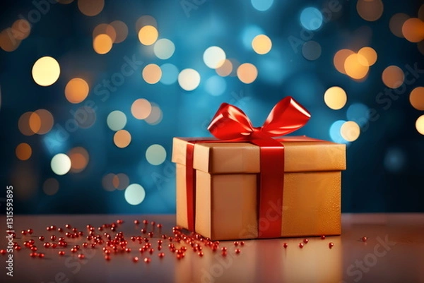 Obraz gift box with red bow on a table background