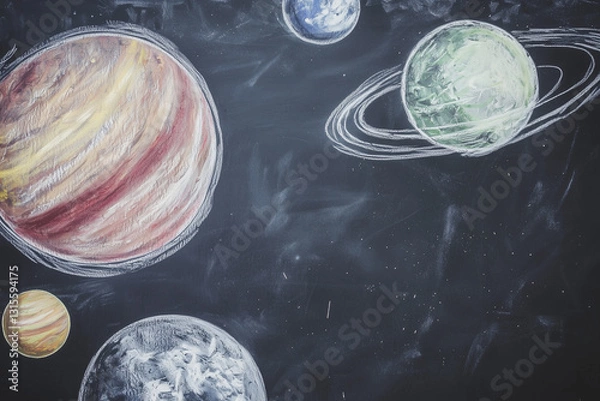 Fototapeta Artistic hand-drawn illustration of the solar system on a chalkboard.