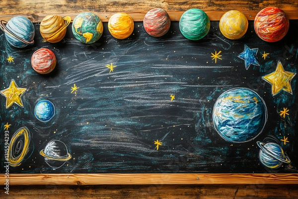 Fototapeta Creative and colorful depiction of planets on a chalkboard, used as an educational tool in a classroom setting.