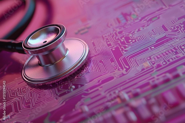 Fototapeta Close-up of a pink circuit board with a stethoscope, representing futuristic medical diagnostics technology.