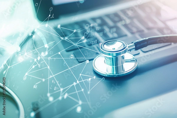 Fototapeta Futuristic healthcare concept with a stethoscope overlaid by digital networks, symbolizing innovation in medical technology.