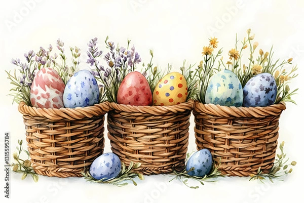 Obraz Easter Basket Delight: A charming Easter scene features three woven baskets overflowing with vibrant, decorated eggs, nestled among sprigs of lavender and wildflowers. A celebration of spring! 