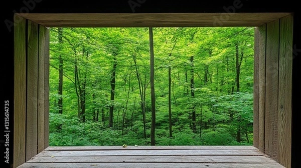 Fototapeta Wooden frame forest view, nature scene, calm background, design element