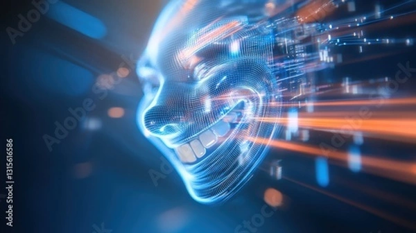 Fototapeta Digital transformation smiling ai face virtual space graphic art futuristic environment close-up technology concept