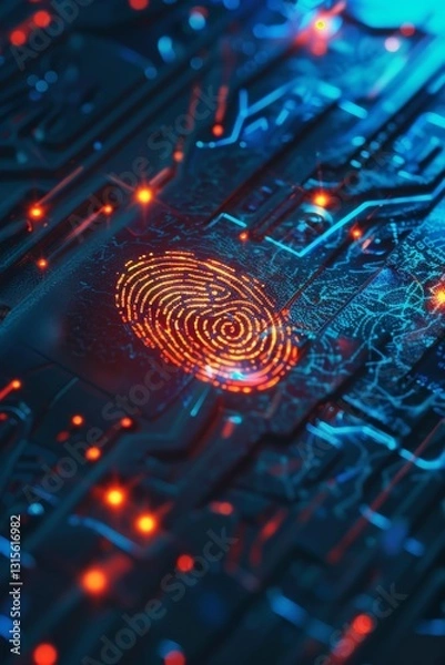 Fototapeta Cybersecurity: Biometric Authentication on a Complex Circuit Board with Data Streams and Red Nodes representing vulnerability on a Security Network