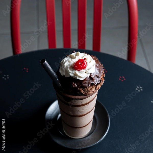 Obraz Chocolate milkshake topped with whipped cream, a cherry, and a chocolate brownie, served on a table in a cafeteria