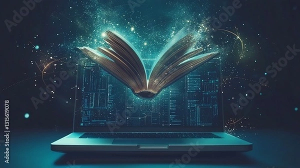 Fototapeta The Digital Age of Knowledge: Book and Laptop with Celestial Glow