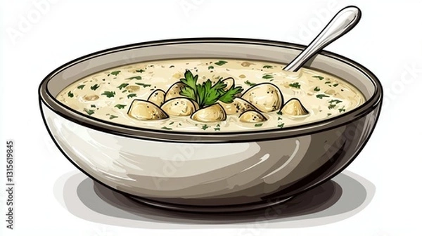 Fototapeta Creamy mushroom soup in a bowl with a spoon.