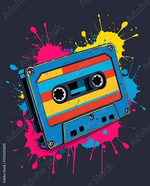 Fototapeta Retro blue cassette tape with pink and yellow accents set against a dynamic background of colorful paint splashes, capturing a nostalgic pop-art vibe perfect for music, art, and vintage themes.

