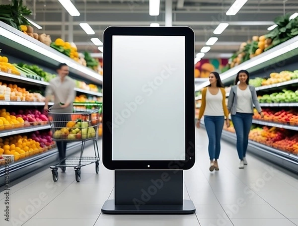 Fototapeta Blank vertical digital advertising screen in the center of a brightly lit supermarket produce aisle, with blurred shoppers in the background, ideal for retail, marketing, and commercial design use.

