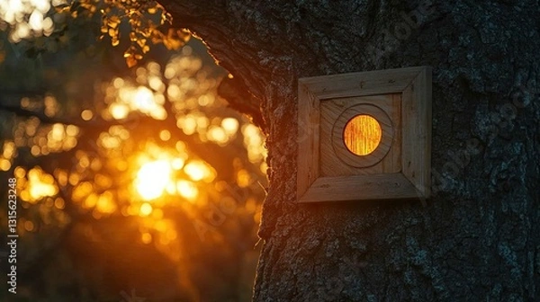 Fototapeta A wooden target attached to a tree is lit by warm golden light during sunset.